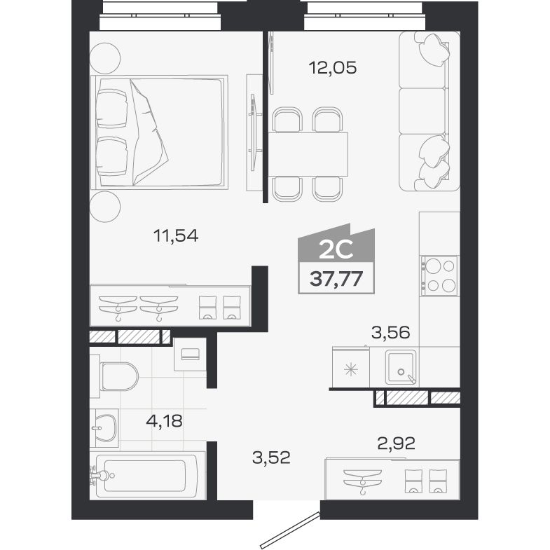 Планировка: Евро-2, 37,77 м²