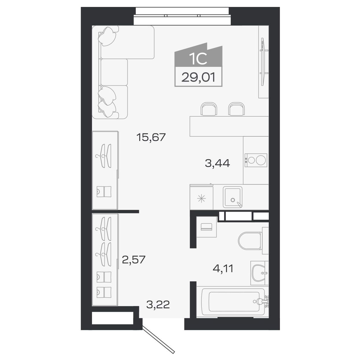 Планировка: Евро-1, 29,39 м²