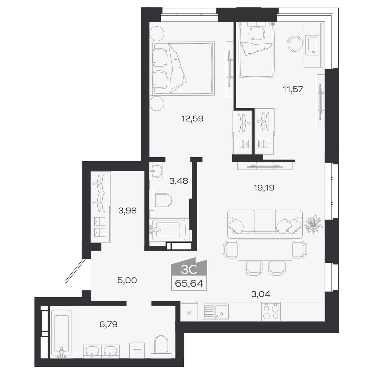 Планировка: Евро-3, 65,74 м²