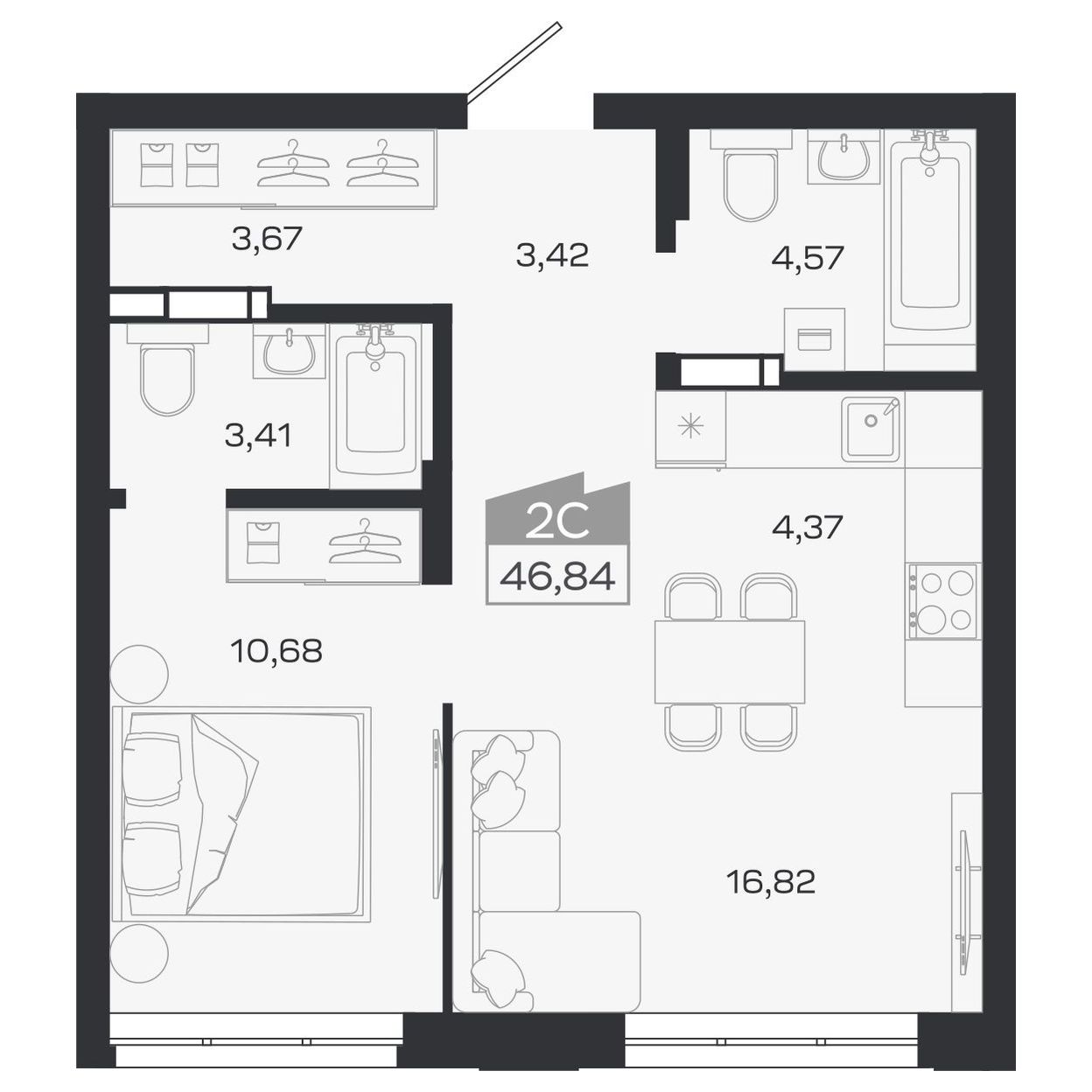 Планировка: Евро-2, 46,84 м²