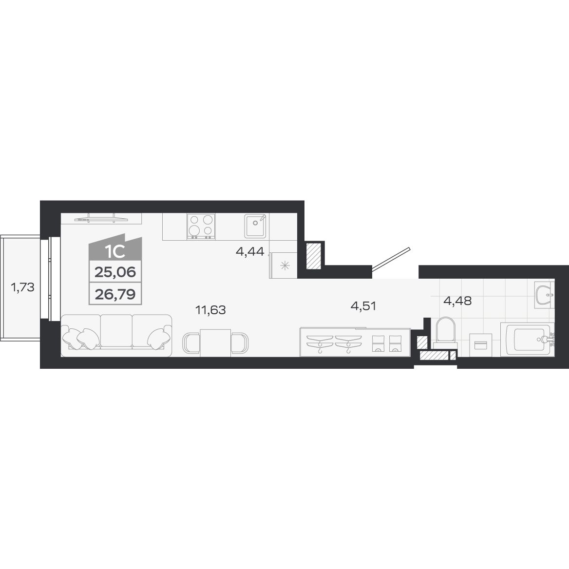 Планировка: Студия, 25,06 м²