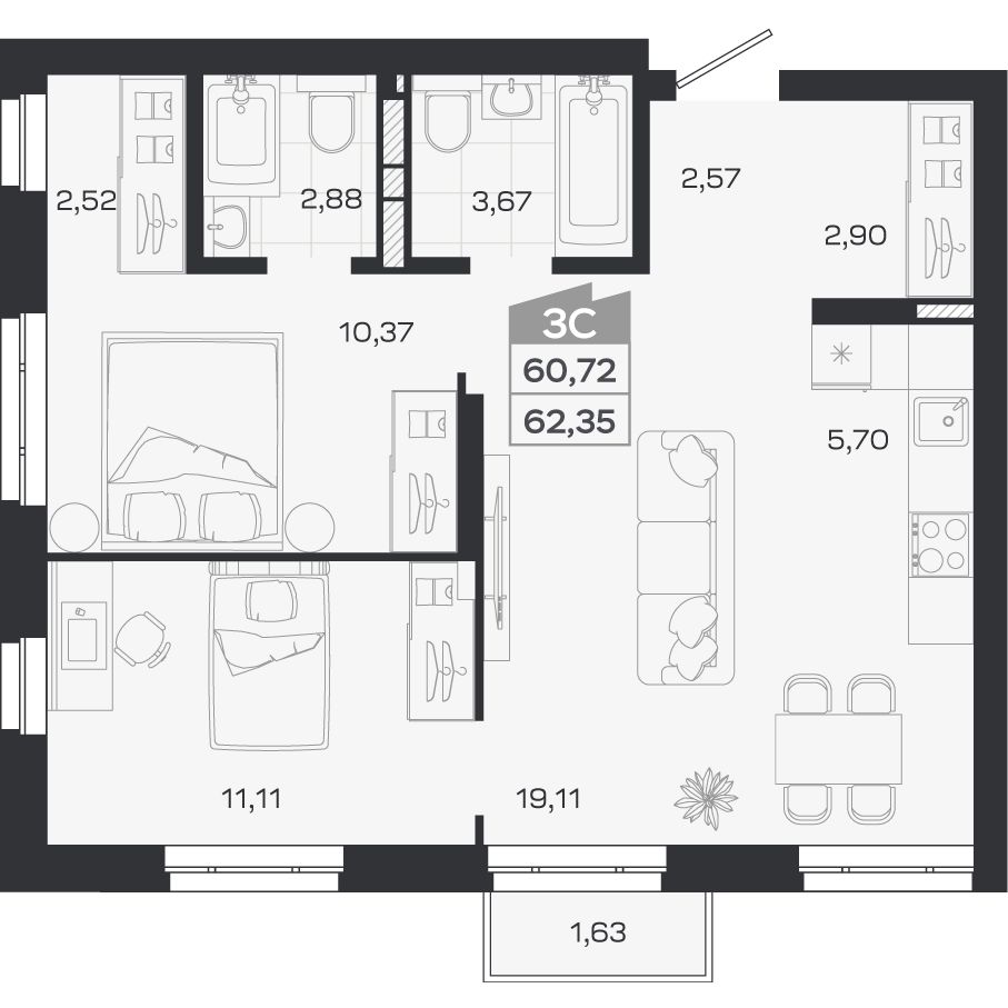 Планировка: Евро-3, 60,72 м²