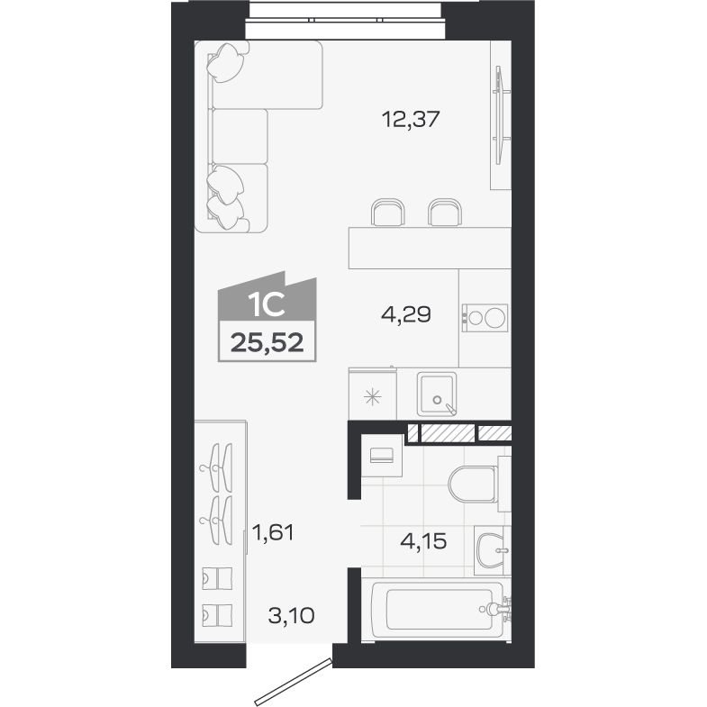 Планировка: Студия, 25,52 м²