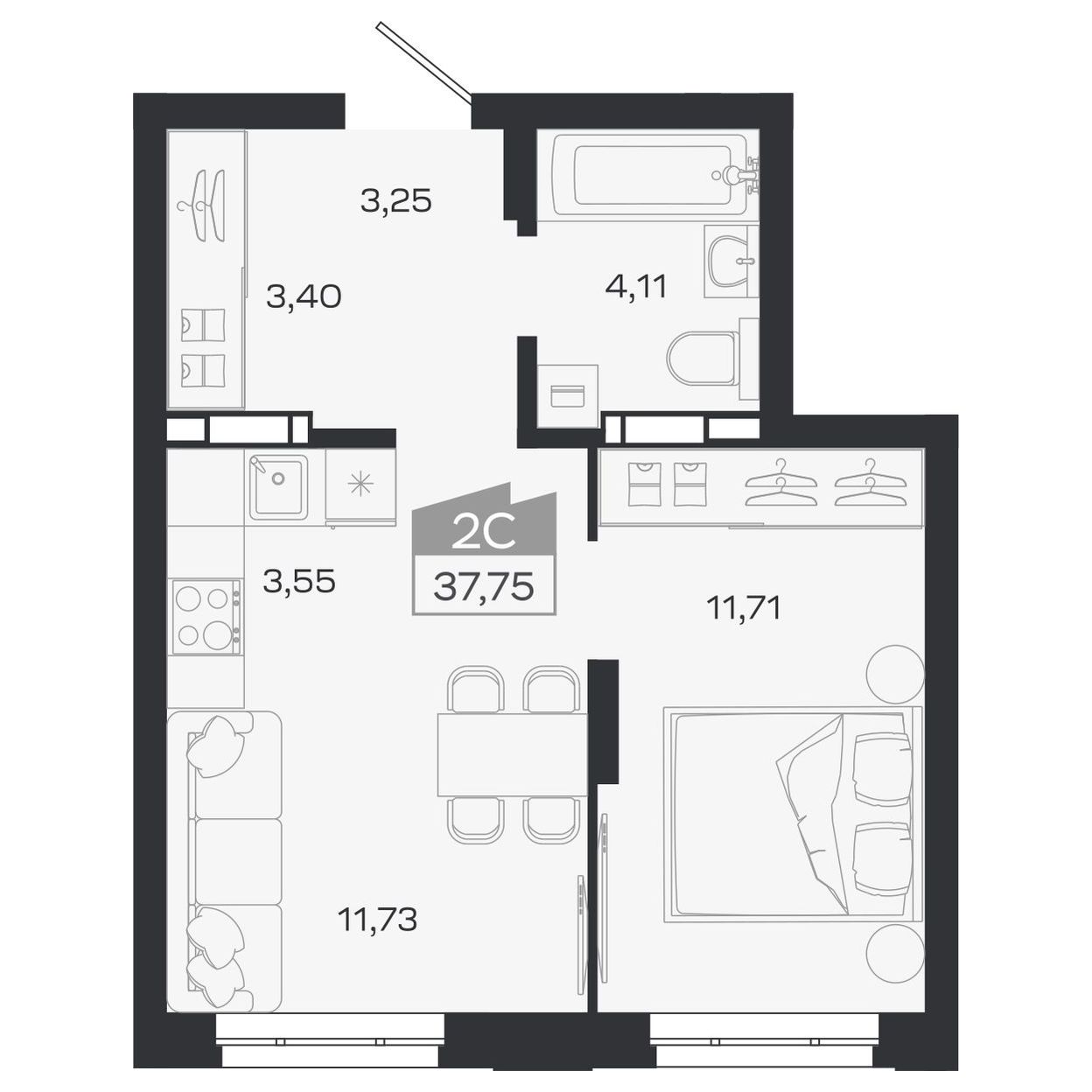 Планировка: Евро-2, 37,75 м²