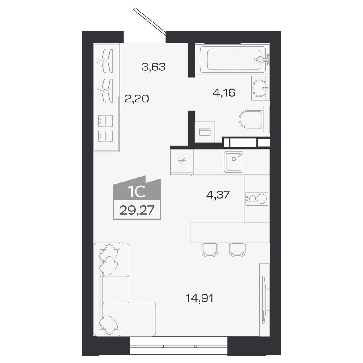 Планировка: Евро-1, 29,27 м²