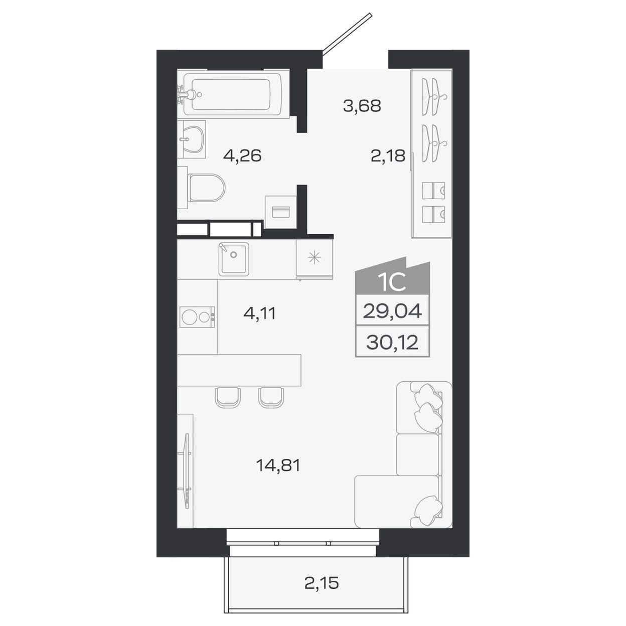 Планировка: Евро-1, 29,04 м²
