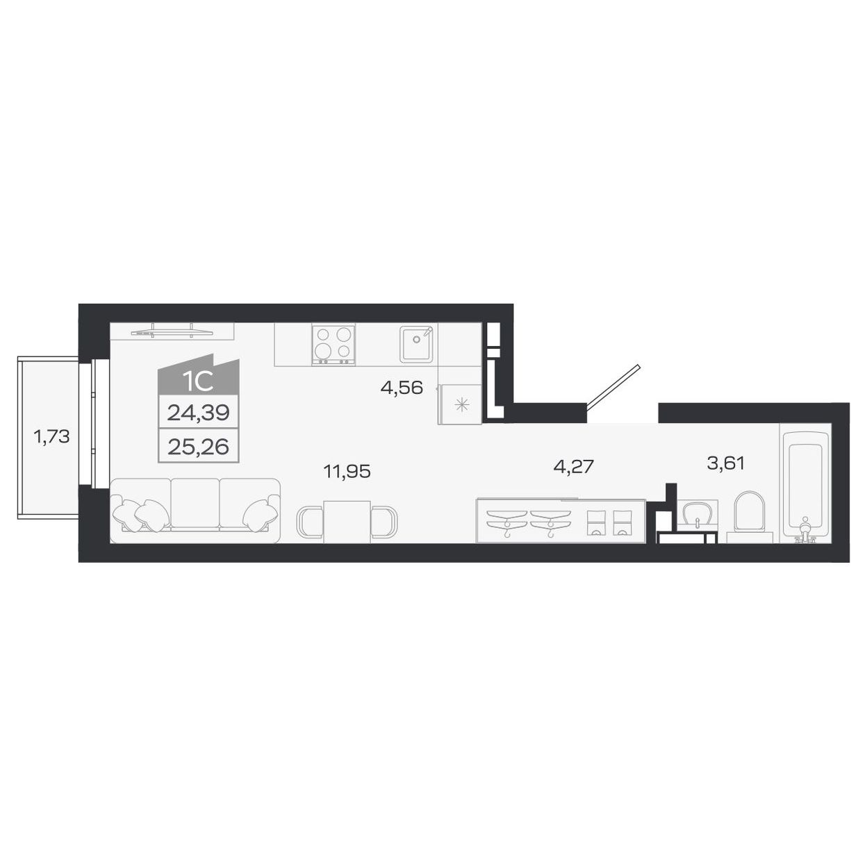 Планировка: Евро-1, 25,06 м²