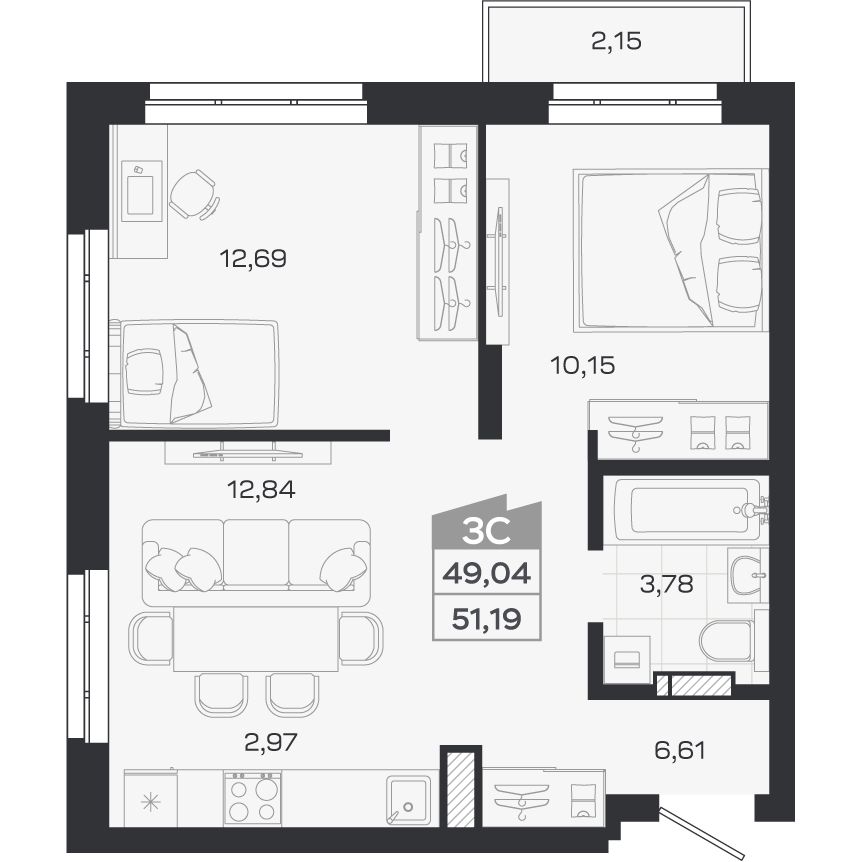 Планировка: Евро-3, 49,04 м²