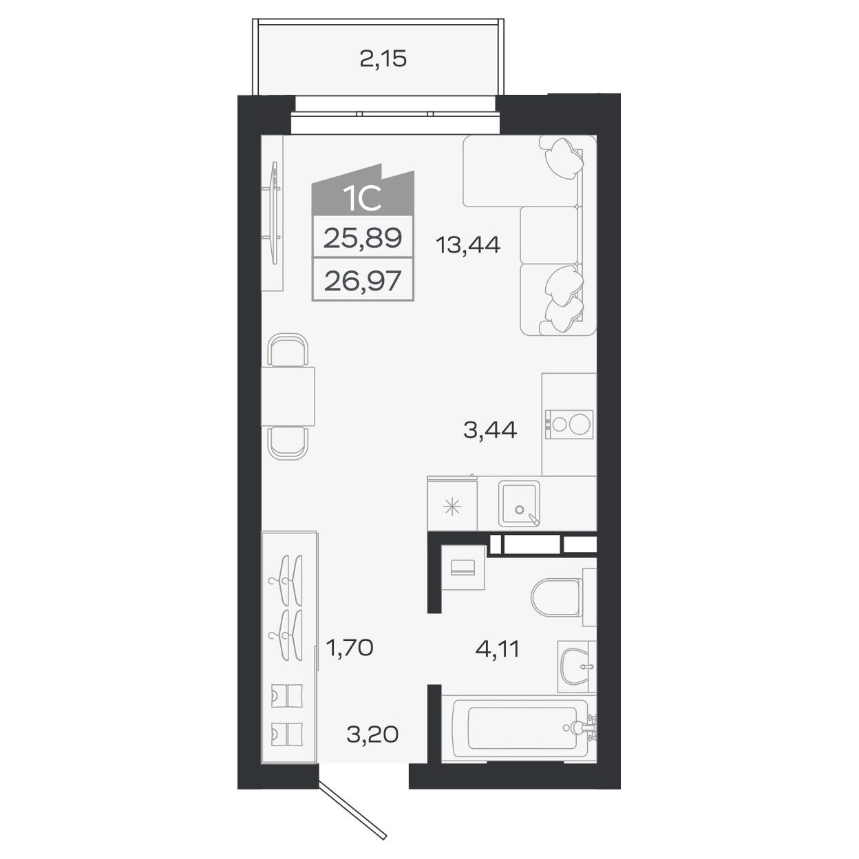 Планировка: Евро-1, 25,89 м²