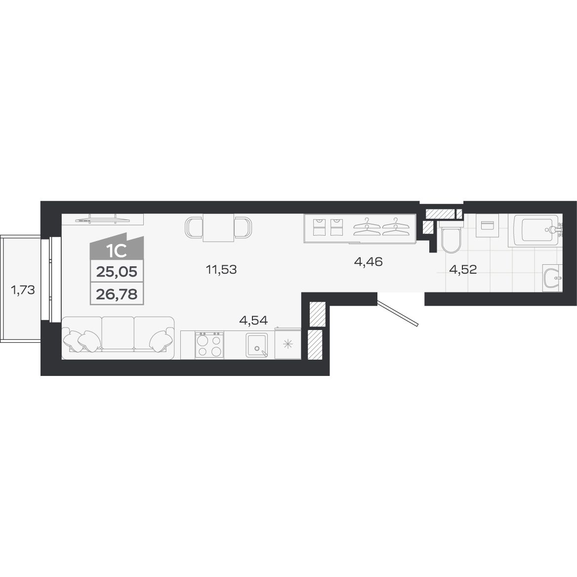Планировка: Студия, 25,05 м²