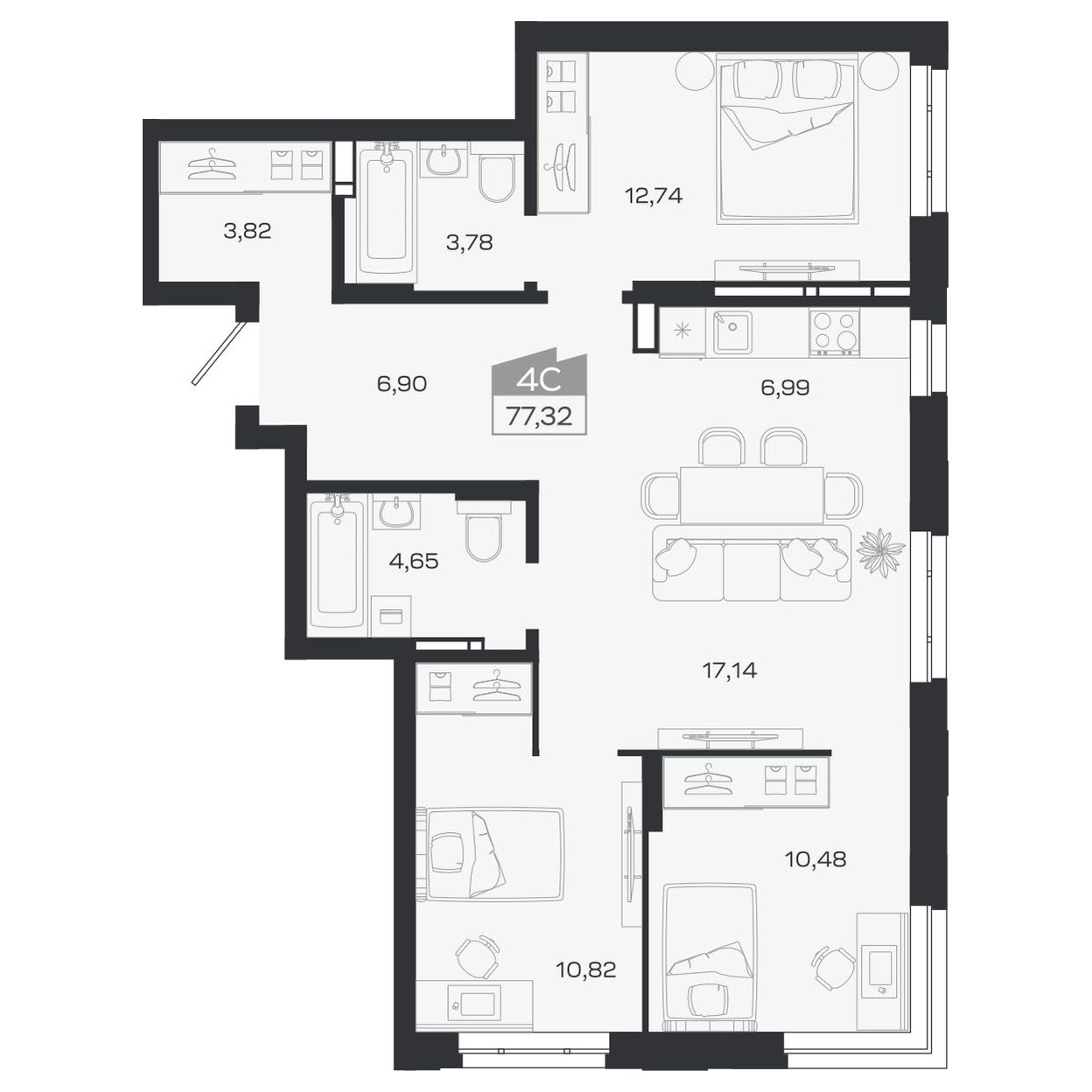 Планировка: Евро-4, 78,25 м²