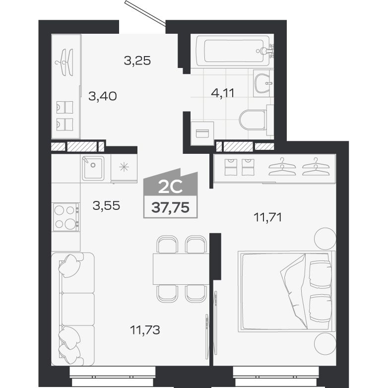 Планировка: Евро-2, 37,75 м²