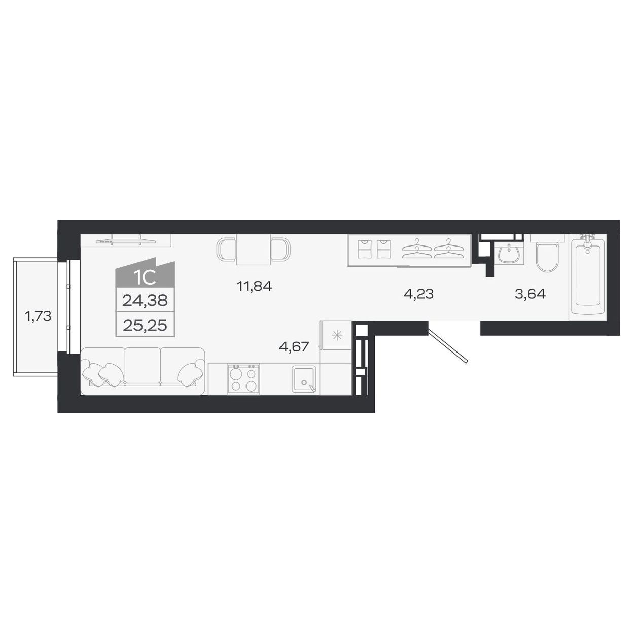 Планировка: Евро-1, 25,05 м²