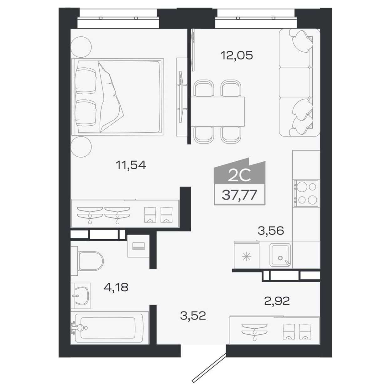 Планировка: Евро-2, 37,77 м²