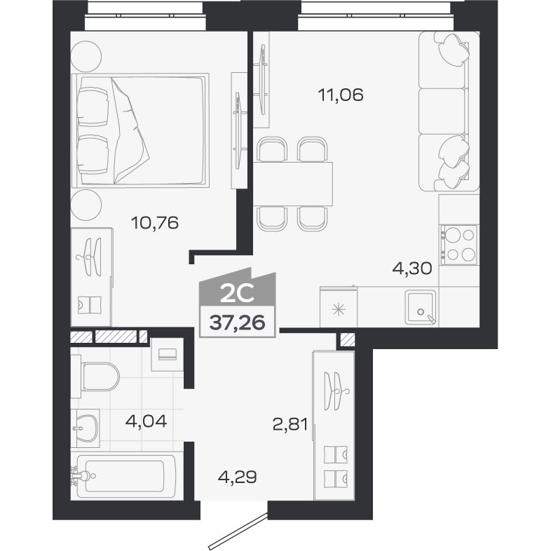 Планировка: Евро-2, 37,26 м²
