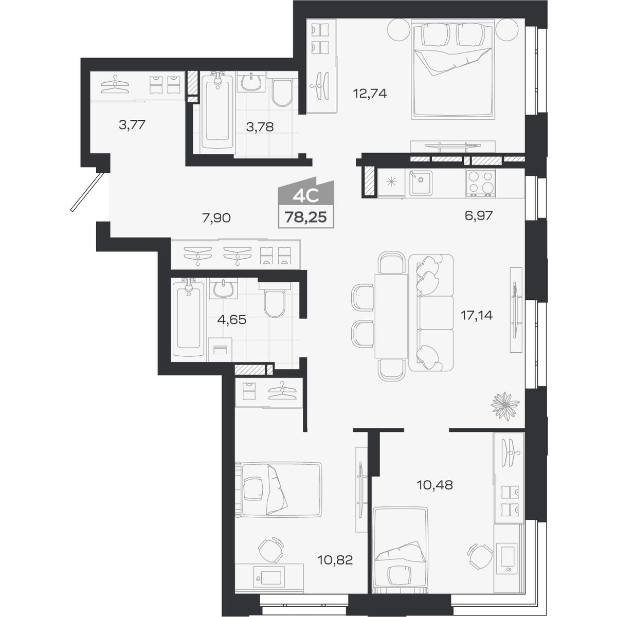 Планировка: Евро-4, 78,25 м²