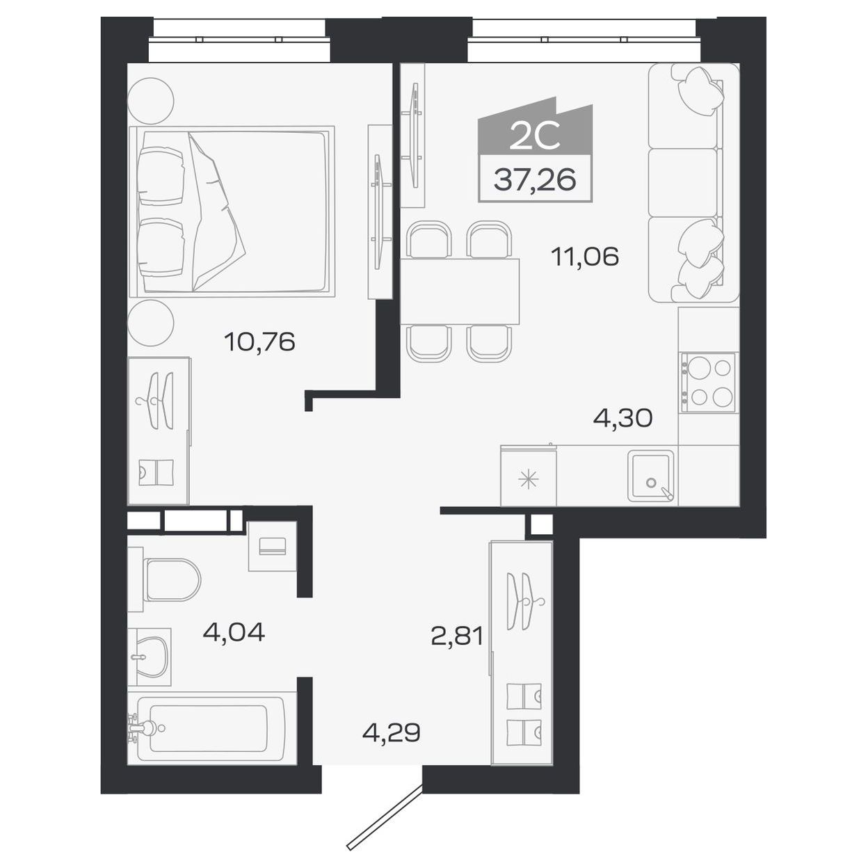 Планировка: Евро-2, 37,26 м²