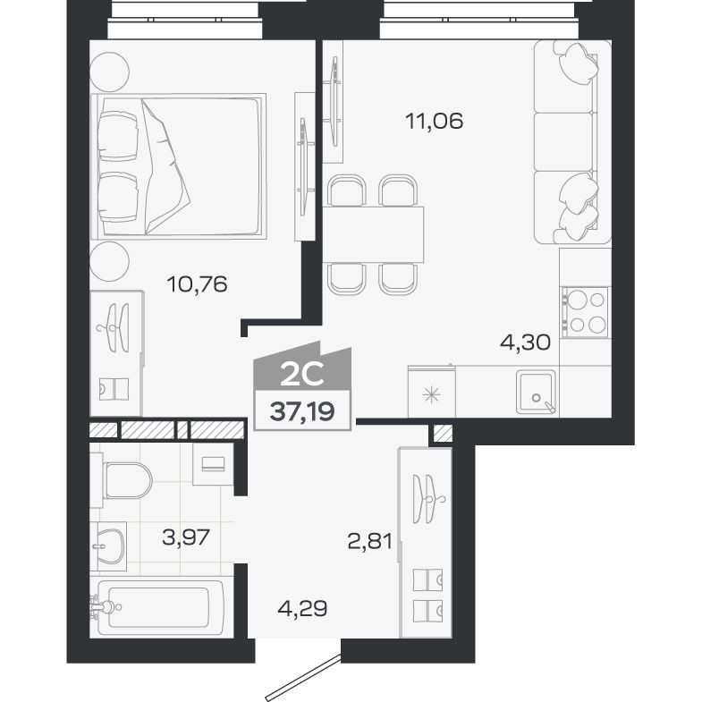 Планировка: Евро-2, 37,19 м²