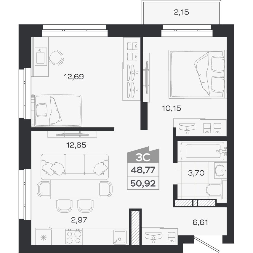 Планировка: Евро-3, 48,77 м²