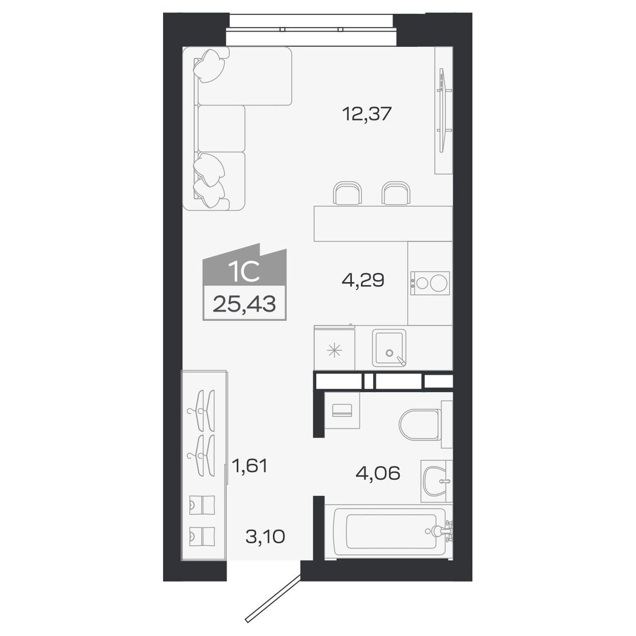 Планировка: Евро-1, 25,43 м²