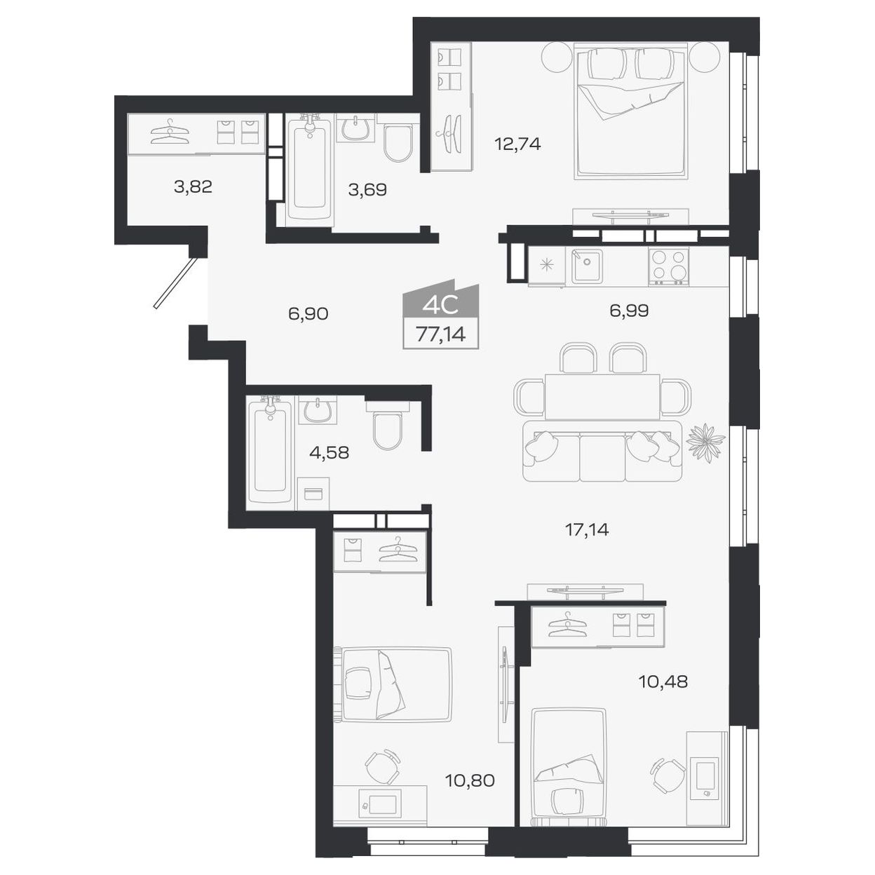 Планировка: Евро-4, 78,07 м²