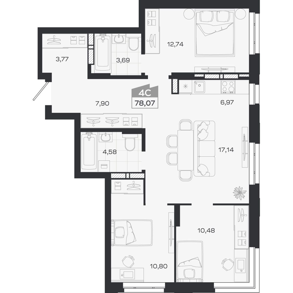 Планировка: Евро-4, 78,07 м²