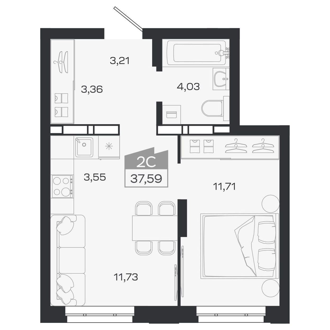 Планировка: Евро-2, 37,59 м²