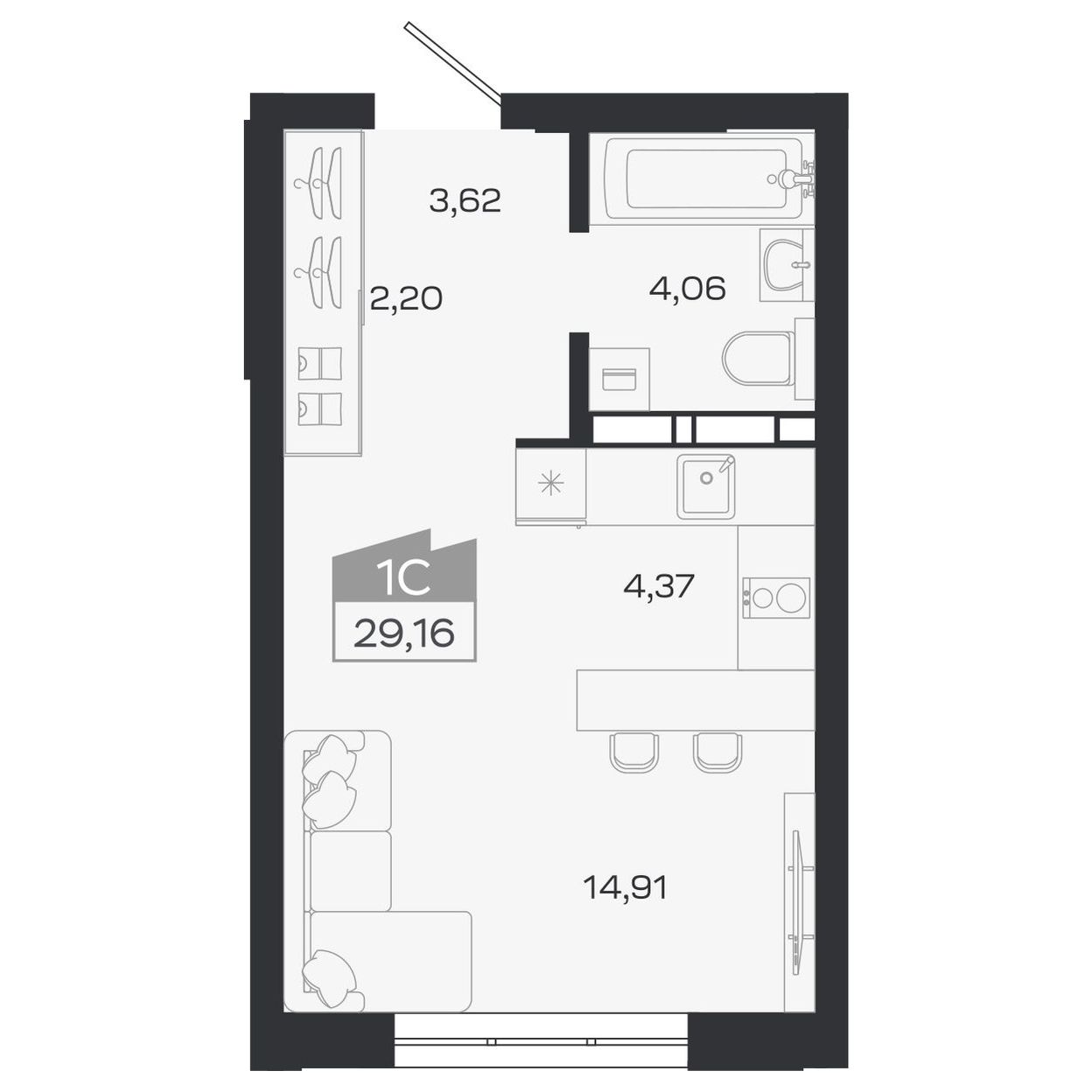 Планировка: Евро-1, 29,16 м²