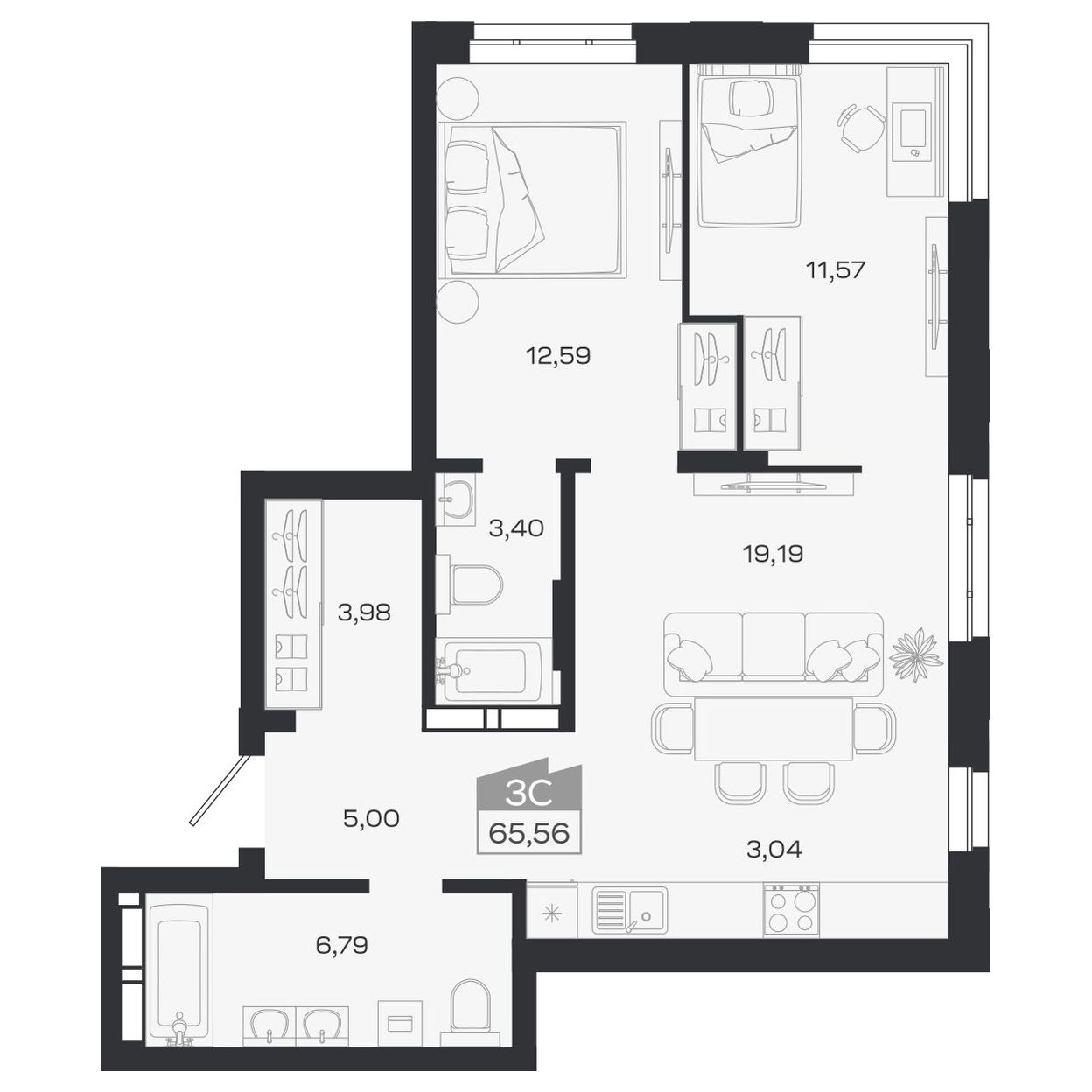 Планировка: Евро-3, 65,66 м²