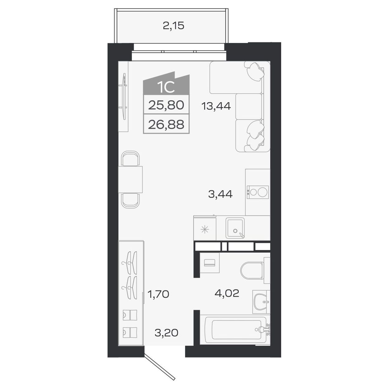 Планировка: Евро-1, 25,8 м²