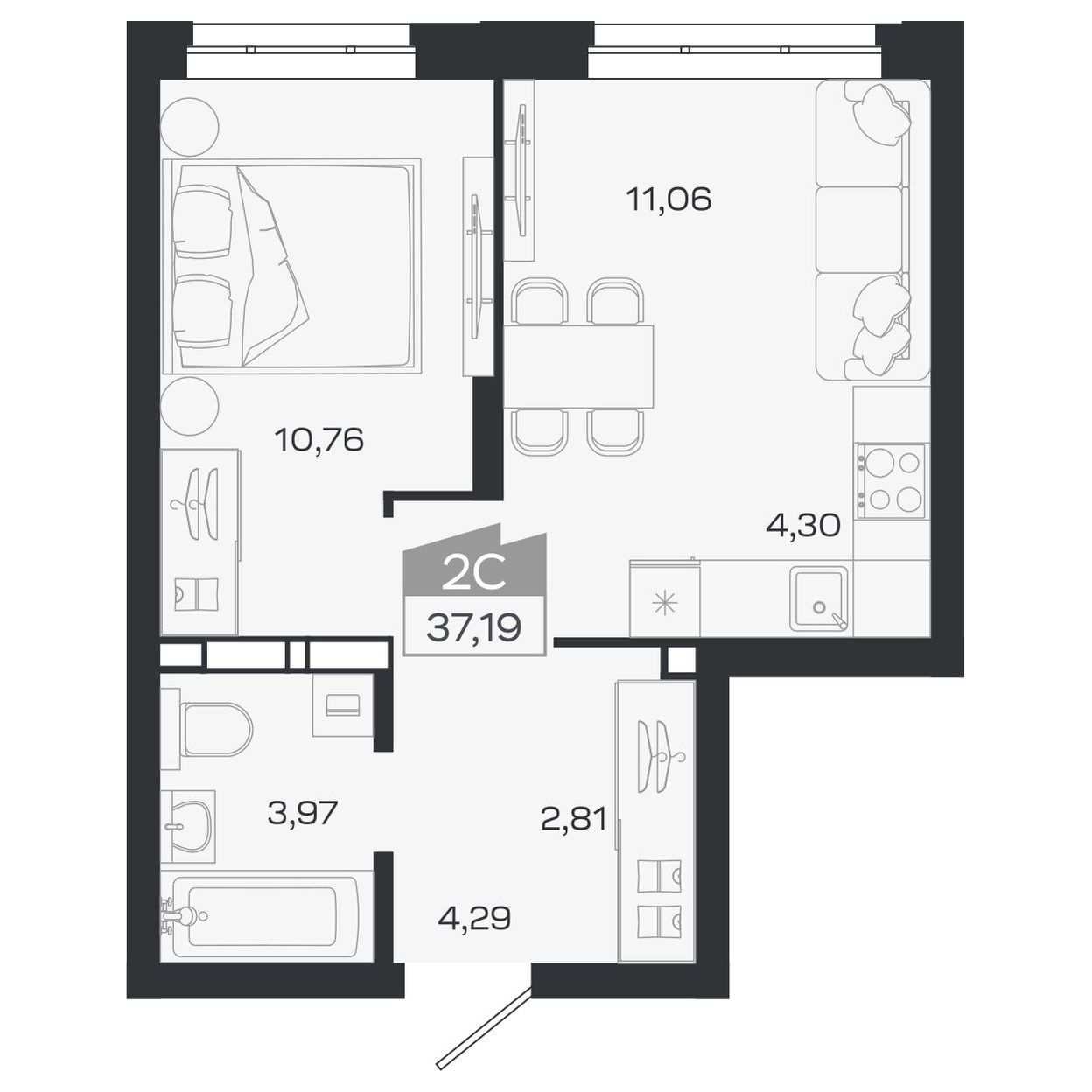 Планировка: Евро-2, 37,19 м²