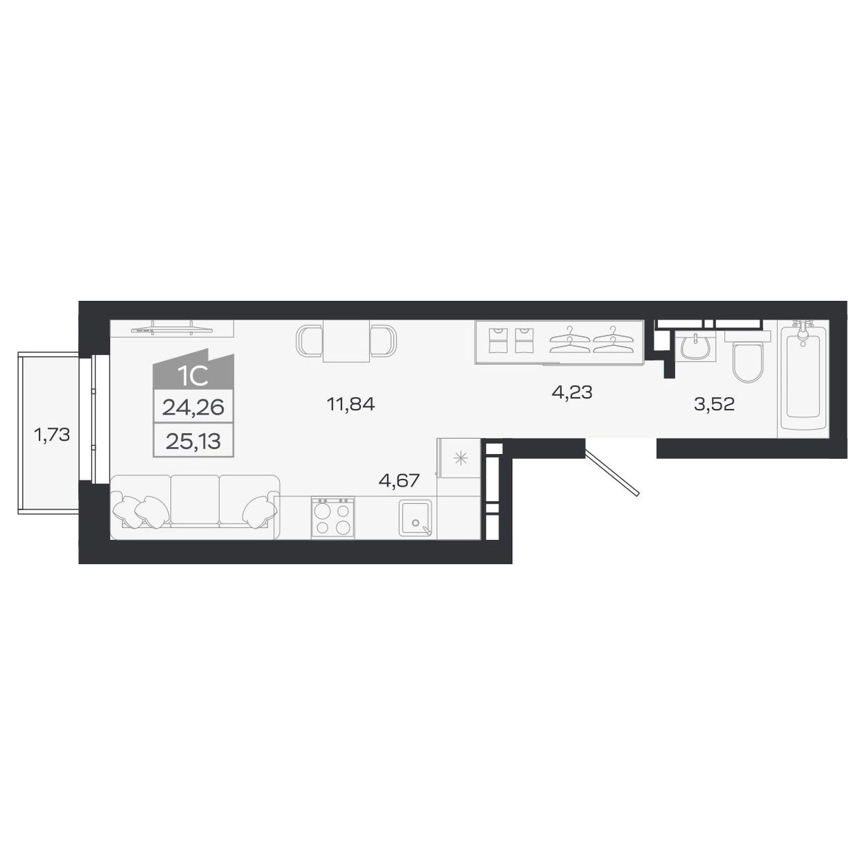 Планировка: Евро-1, 24,93 м²
