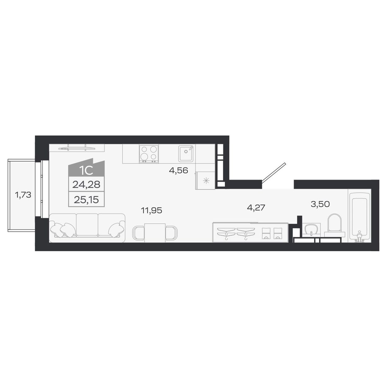 Планировка: Евро-1, 24,95 м²