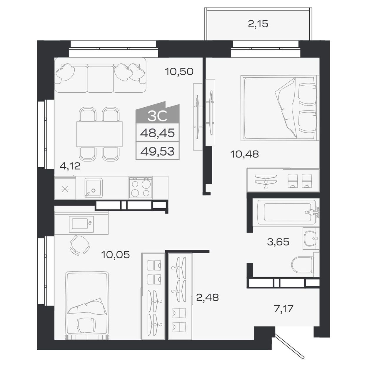 Планировка: Евро-3, 48,77 м²