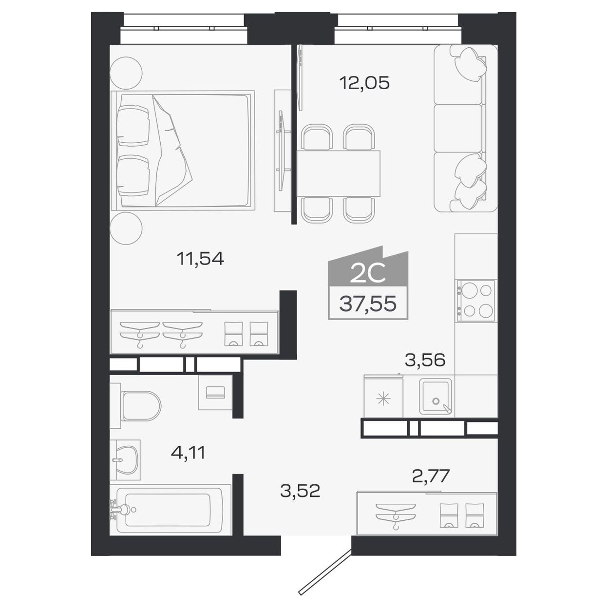 Планировка: Евро-2, 37,55 м²