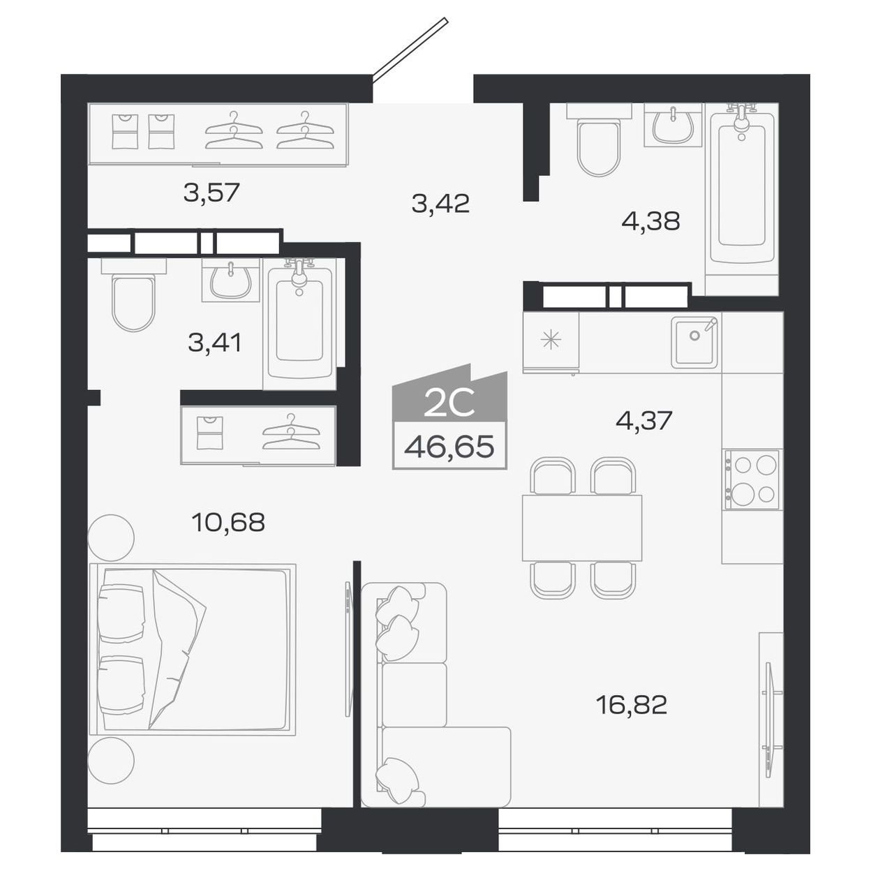Планировка: Евро-2, 46,65 м²