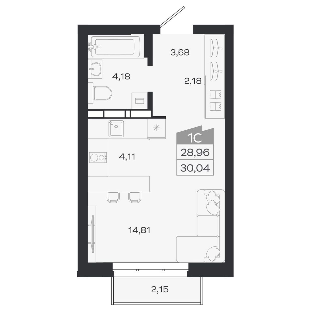 Планировка: Евро-1, 28,96 м²