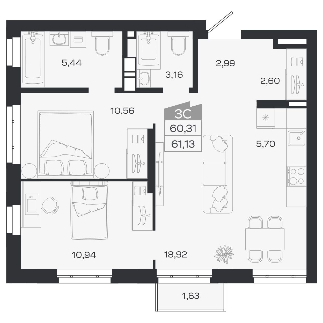 Планировка: Евро-3, 60,72 м²