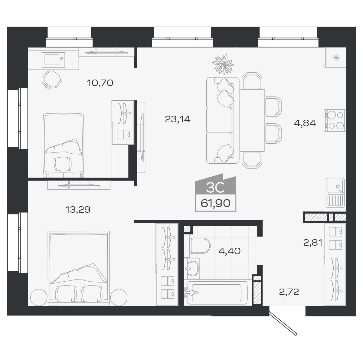 Планировка: Евро-3, 62,19 м²