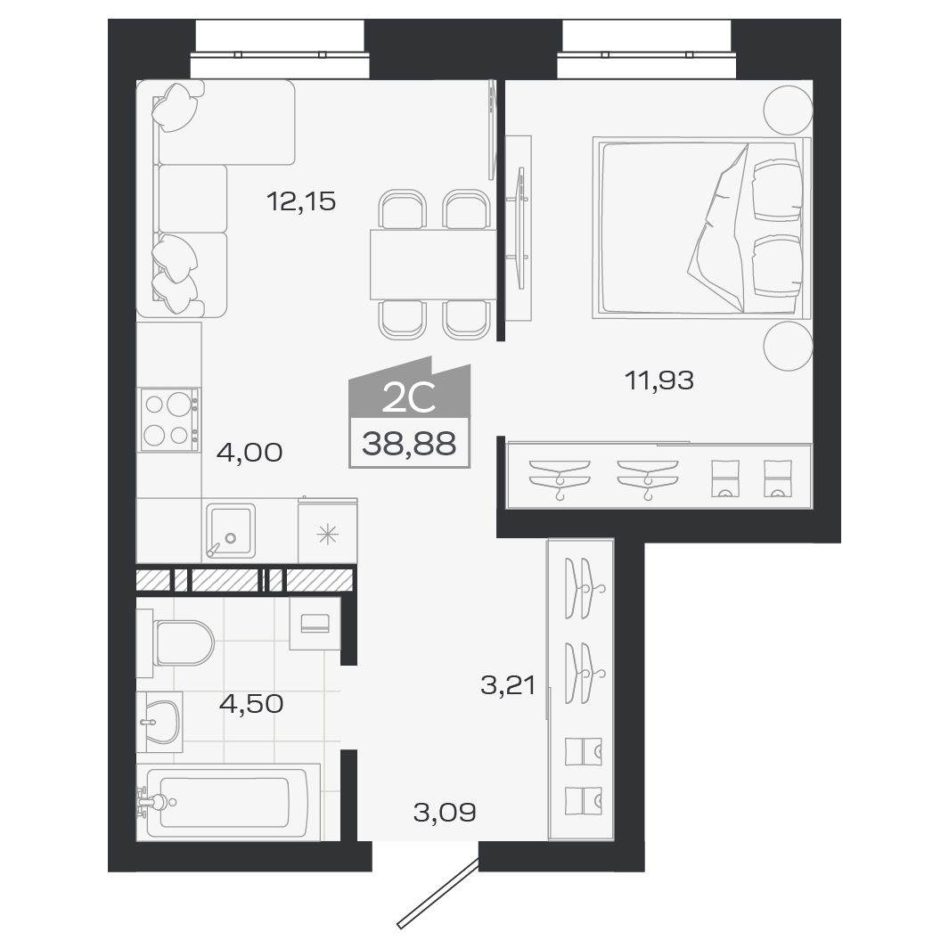 Планировка: Евро-2, 39,04 м²