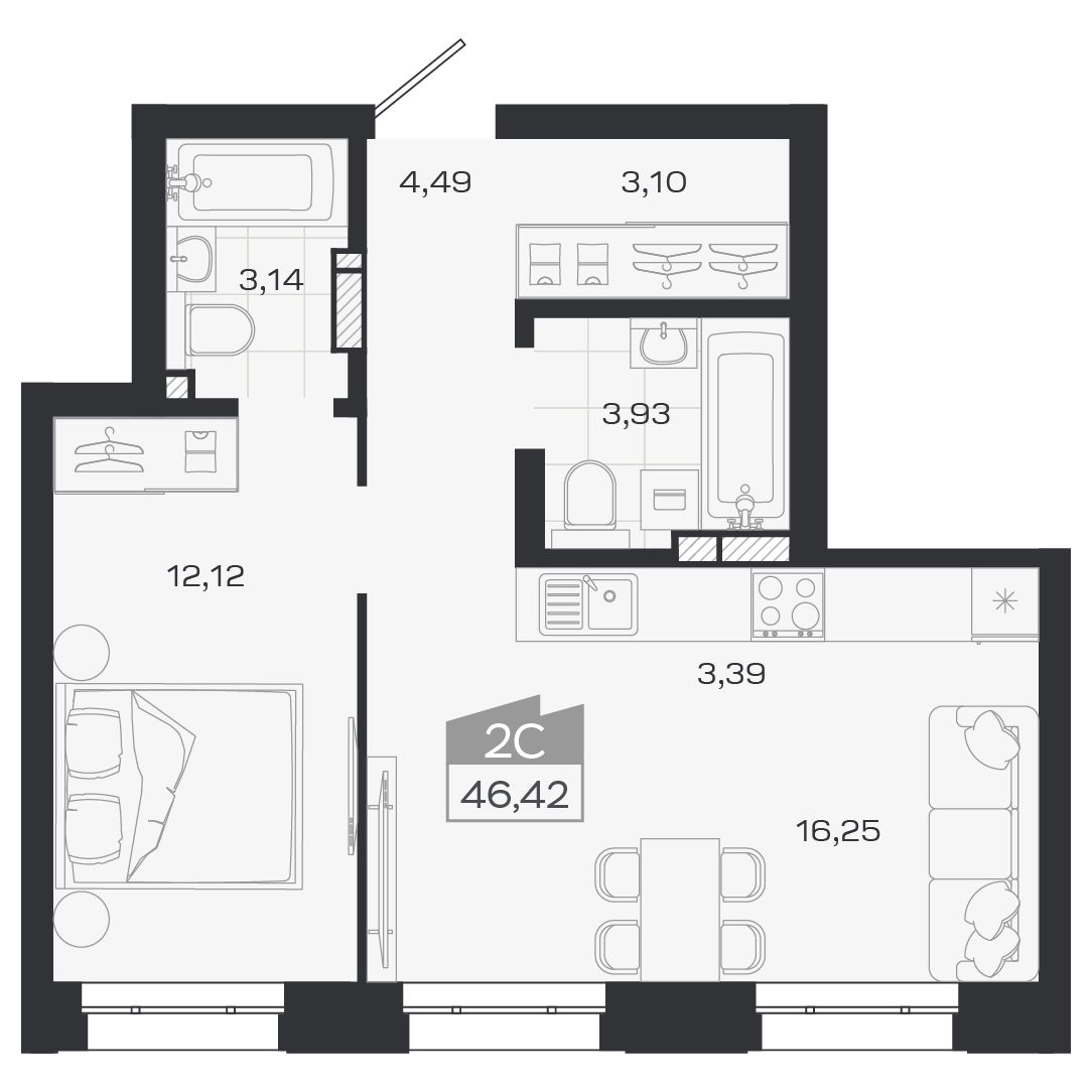 Планировка: Евро-2, 46,58 м²