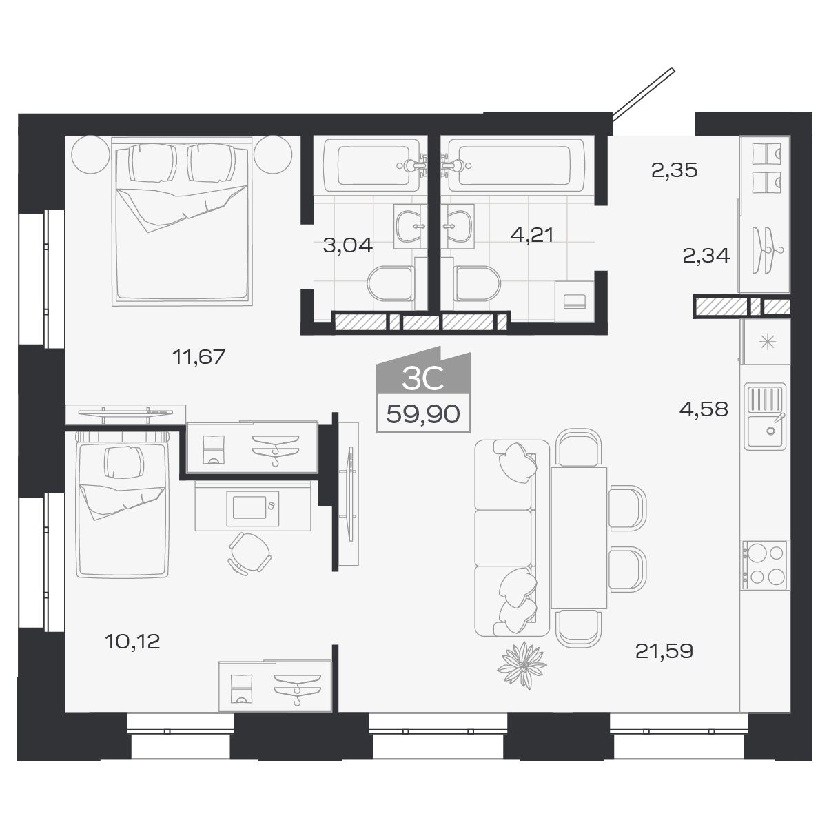 Планировка: Евро-3, 60,22 м²