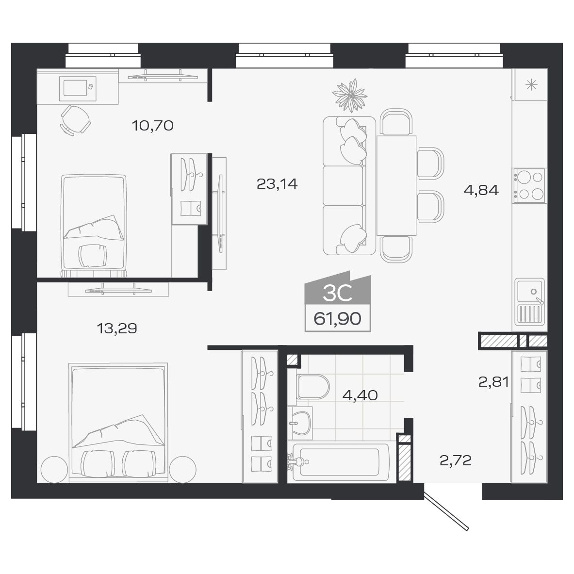 Планировка: Евро-3, 61,88 м²