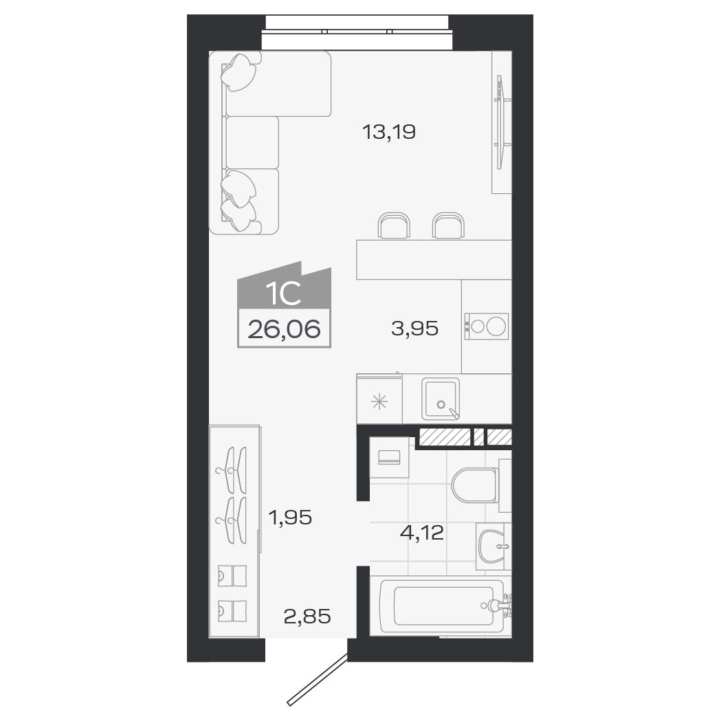 Планировка: Евро-1, 26,02 м²