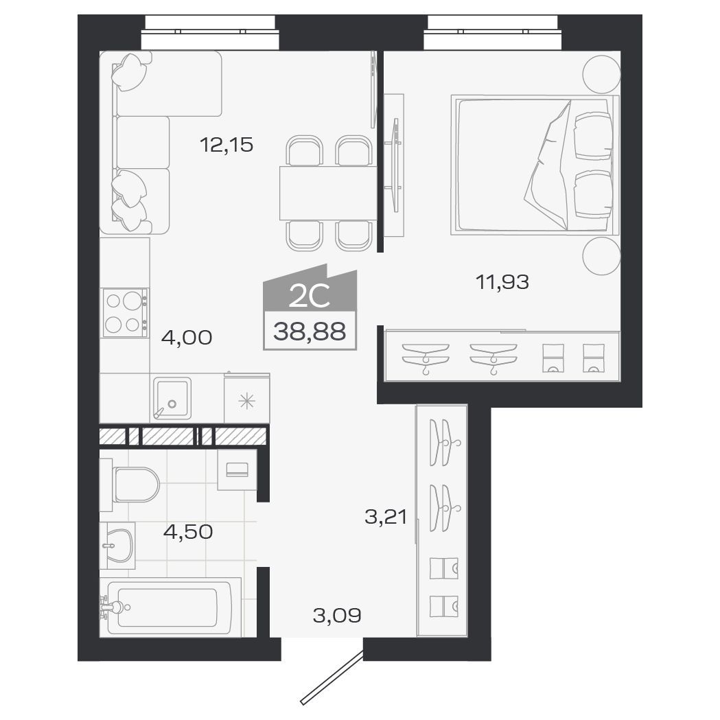 Планировка: Евро-2, 38,84 м²