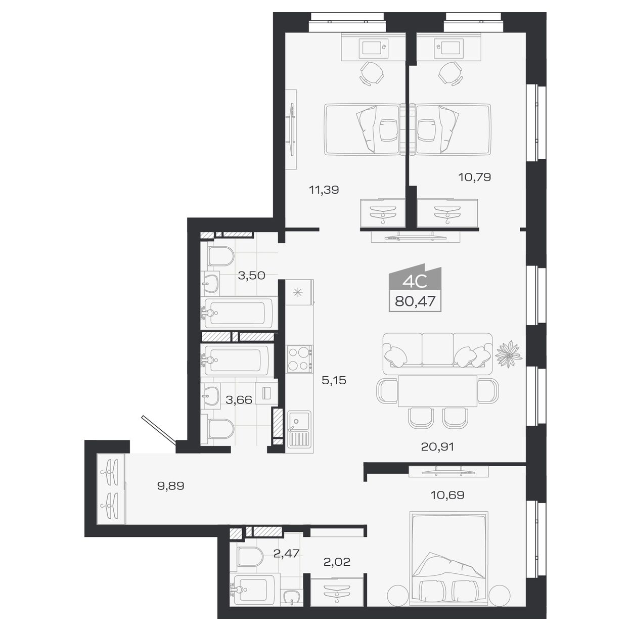 Планировка: Евро-4, 80,39 м²