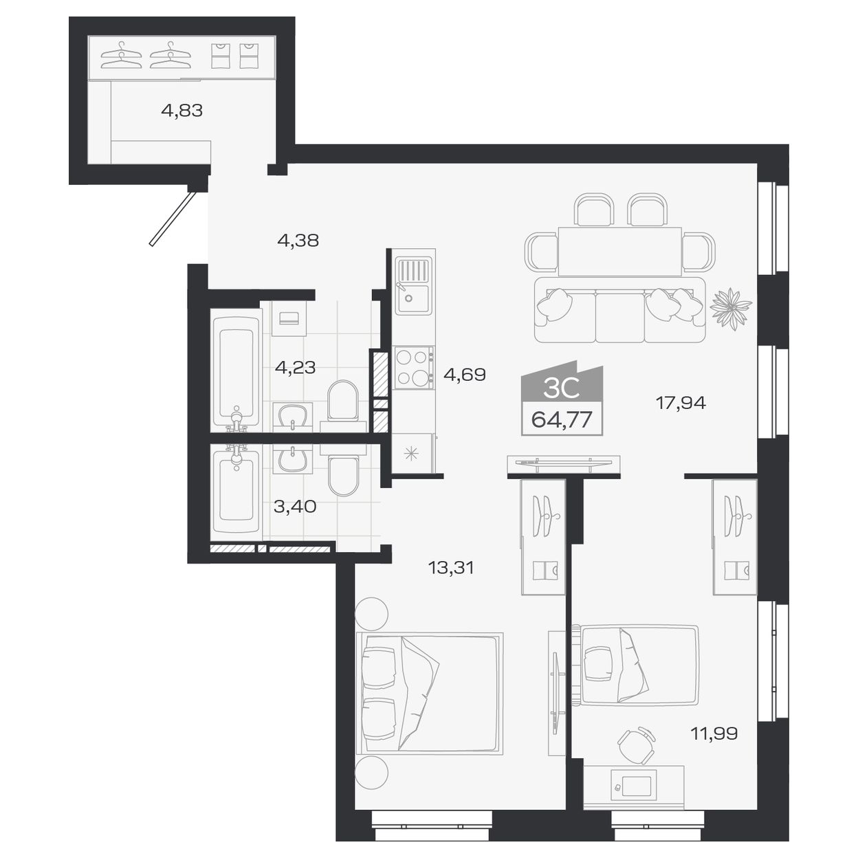 Планировка: Евро-3, 64,68 м²