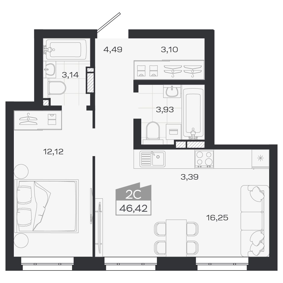 Планировка: Евро-2, 46,45 м²