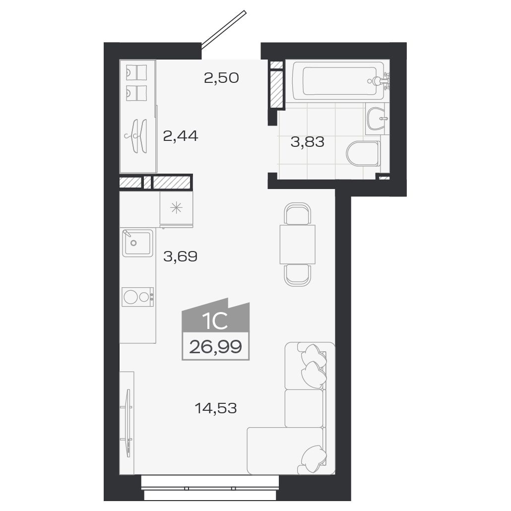 Планировка: Евро-1, 26,82 м²