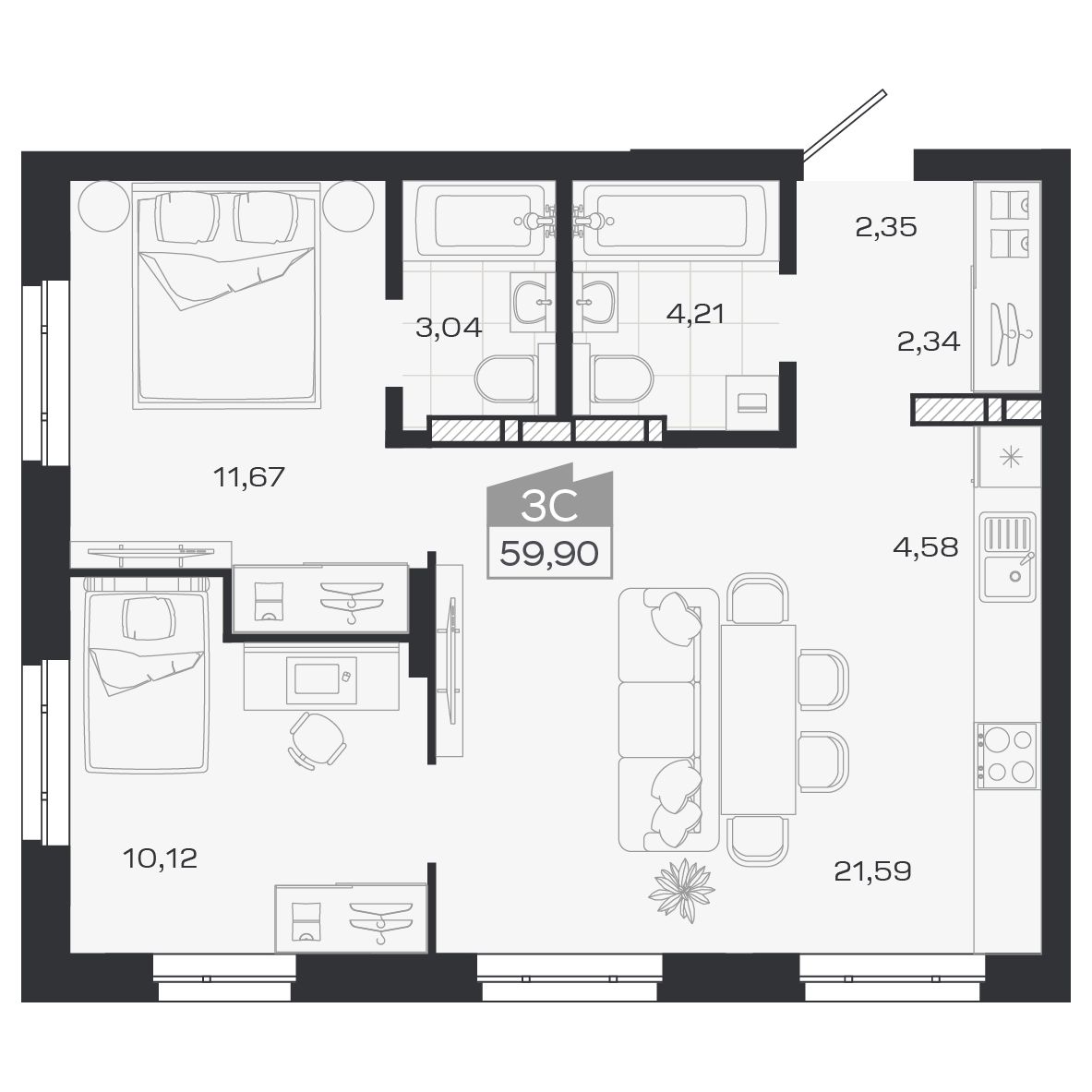 Планировка: Евро-3, 59,78 м²
